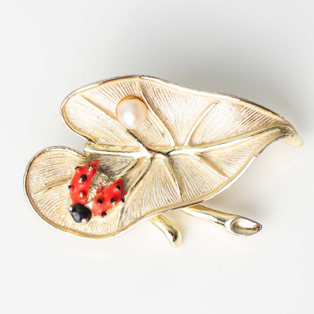 Vintage Ladybug Leaf Brooch Pin Gold Tone Faux Pearl Red Enamel Figural Jewelry